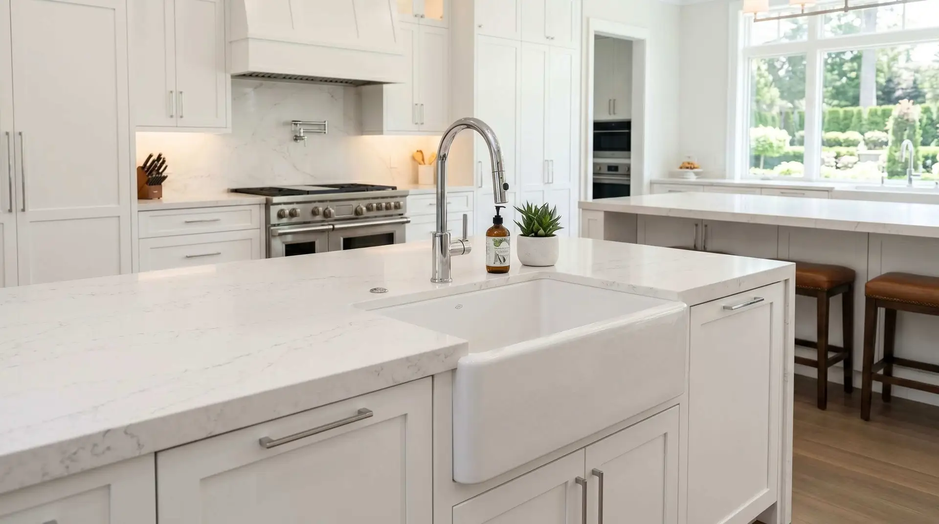 A luxury transitional white kitchen with farmhouse sink featuring ALLAND European-style frameless cabinetry. The 36-inch apron-front fireclay sink sits inside a custom-milled white lacquer shaker door sink base cabinet, seamlessly integrated with a 3cm Calacatta quartz countertop with tight 1/8-inch reveal lines.