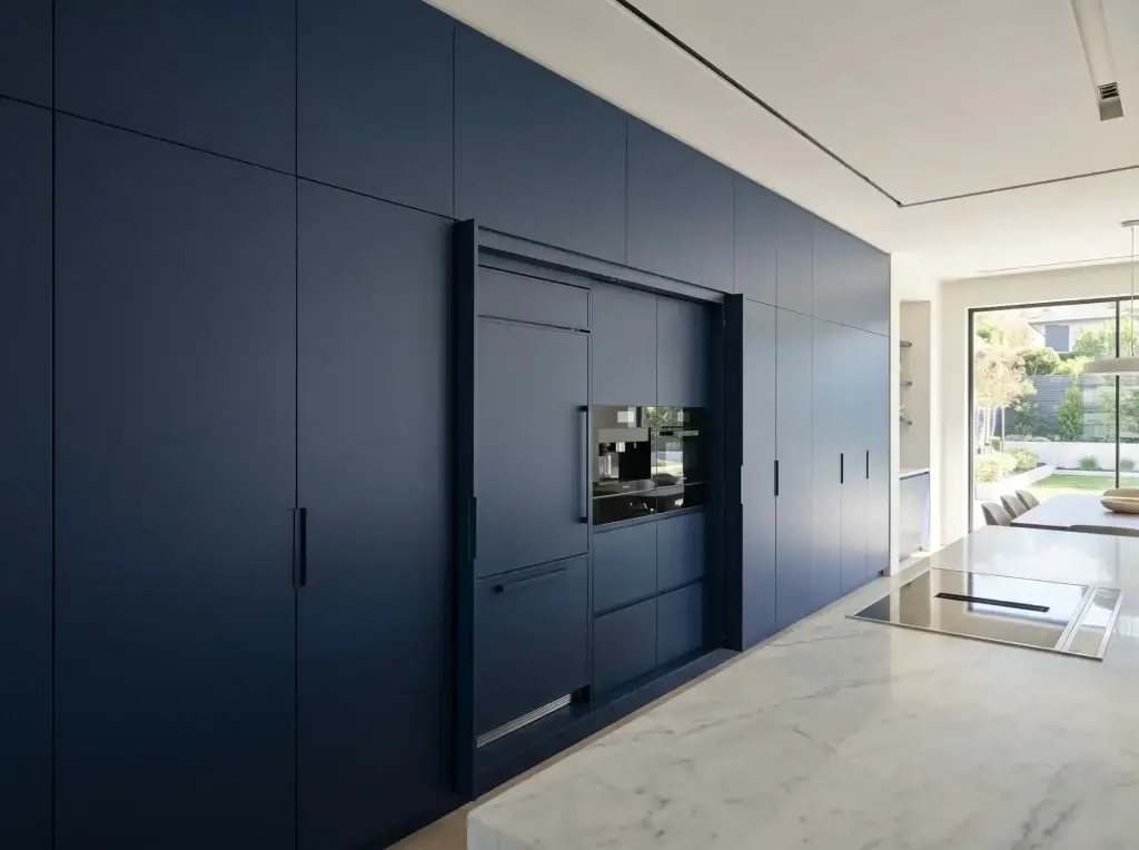 Architectural full view of a luxury minimalist kitchen showing a seamless floor-to-ceiling wall of matte navy blue kitchen cabinets with fully integrated, hidden appliance panels and built-in pocket door storage.