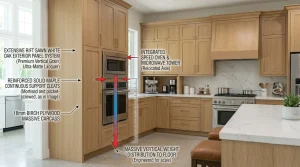 When designing a bespoke kitchen microwave cabinet, ergonomics and user safety must dictate the initial layout. The National Kitchen & Bath Association (NKBA) enforces strict placement standards to protect homeowners from hot spills and unstable handling of heated vessels.
