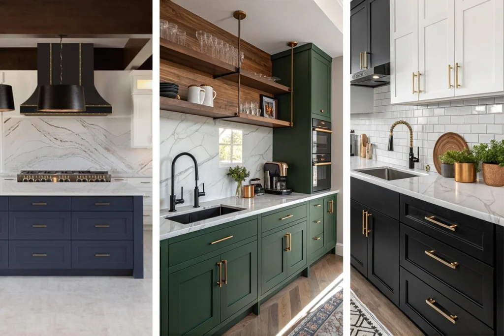 A three-panel kitchen showcase displaying bold shaker cabinet colors. Left panel features a dark blue shaker kitchen cabinets island with marble countertops; middle panel shows forest green shaker kitchen cabinets with integrated appliances and walnut open shelves; right panel displays classic black shaker kitchen cabinets paired with white upper cabinets and gold handles.