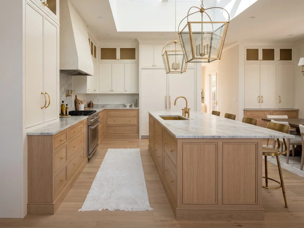 High-end luxury kitchen showcase displaying two-tone inset slim shaker cabinets. The upper wall storage units are finished in an off-white cream lacquer with brass mesh insert details, while the lower cabinets and large central island feature natural oak wood grain integrated flush within a solid face frame with premium white marble countertops and gold fixtures.