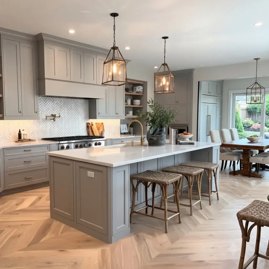 Luxury open-concept kitchen showcase presenting light gray shaker kitchen cabinets with a smooth matte finish. Features a matching large central island with a white quartz countertop, a classic white herringbone tile backsplash, natural wood floating open shelving, gold plumbing fixtures, and a beautiful chevron pattern hardwood floor.