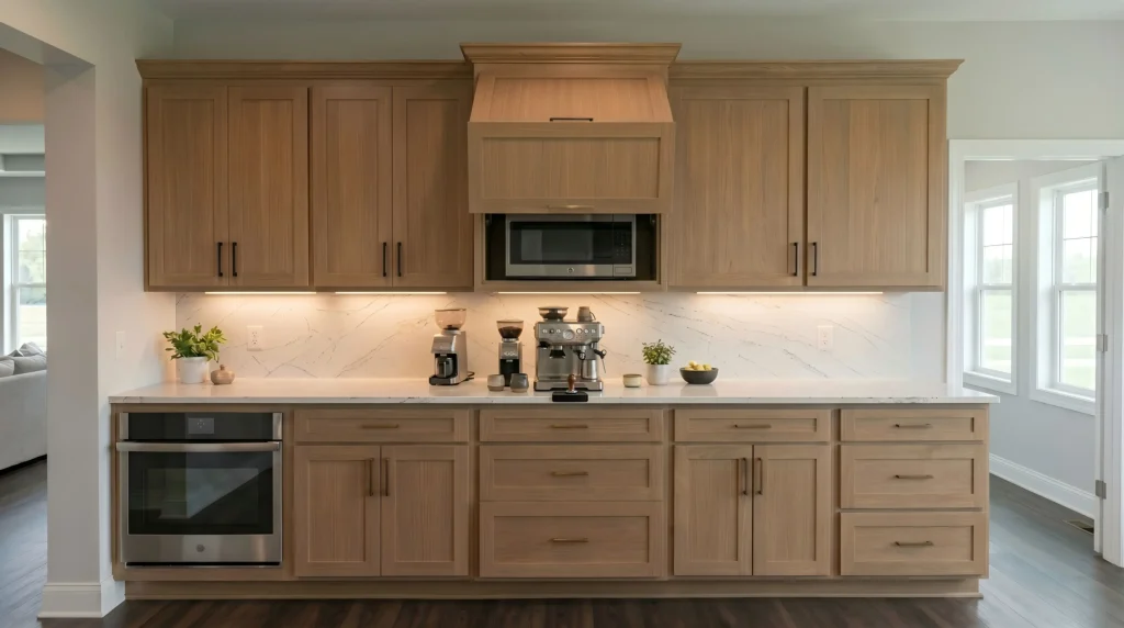 A secondary custom beverage station featuring a Rift Sawn White Oak microwave wall cabinet with a lift-up mechanical door hiding the appliance when not in use.
