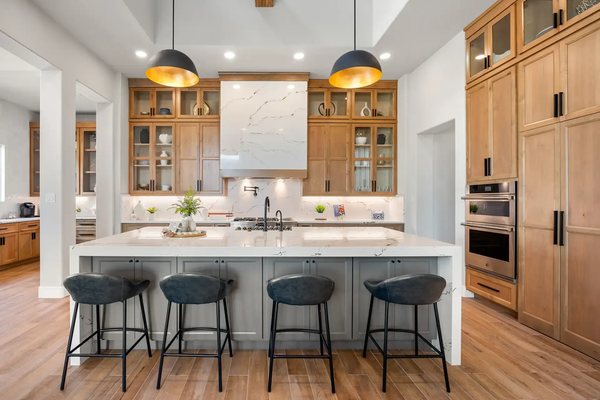 Direct view of custom modern shaker doors with a premium low-sheen white oak cabinet stain.