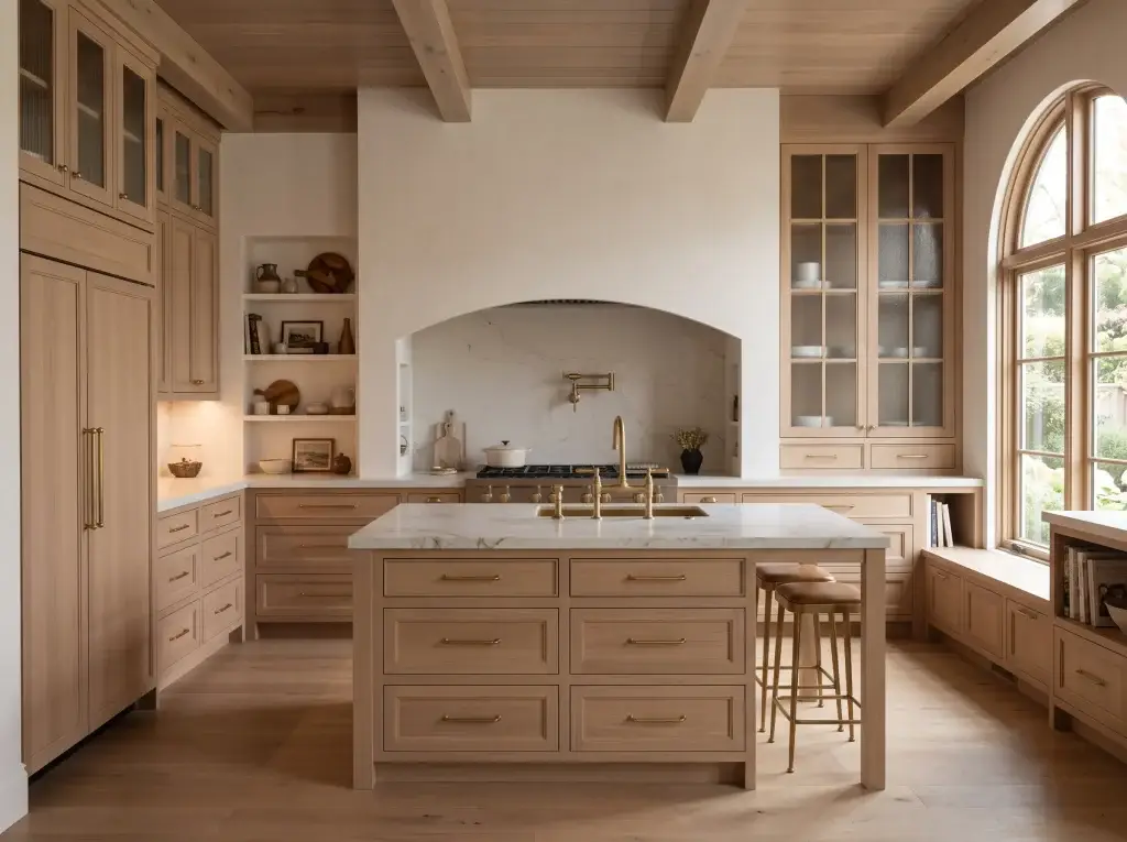Luxury organic modern kitchen interior featuring full-height shaker style cabinets made from rift-sawn white oak with a matte natural stain. Features a built-in refrigerator panel, glass-front upper doors, a plaster range hood arch, white quartz marble countertops, a central kitchen island with seating, and gold T-bar handles.
