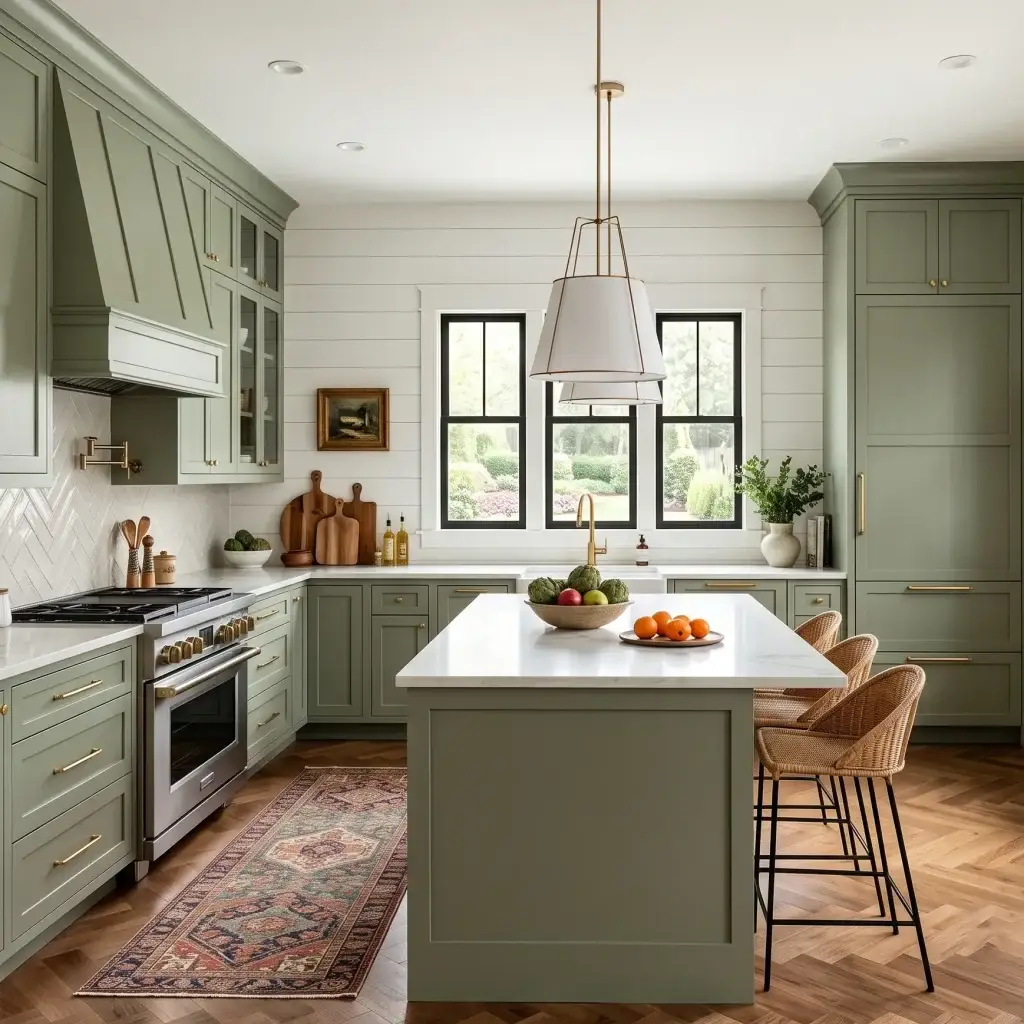 Spacious modern kitchen interior showcasing custom sage green shaker kitchen cabinets with a smooth matte finish, a matching central kitchen island with a white marble countertop, a herringbone tile backsplash, an integrated range hood panel, a professional stainless steel gas stove, unlacquered brass hardware, woven bar stools, and a herringbone hardwood floor under bright natural light.