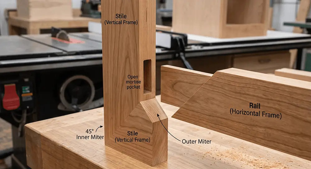 Technical joinery diagram of a custom slim shaker cabinet door demonstrating a 45-degree mitered mortise-and-tenon structure.