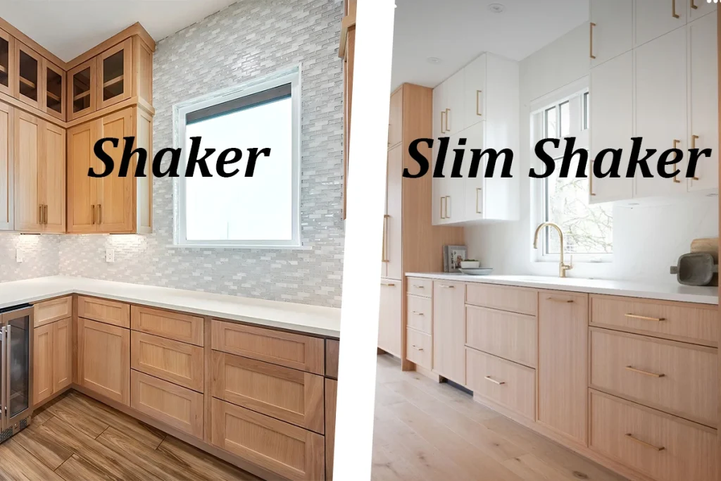 Side-by-side kitchen design comparison between traditional wood shaker cabinets and modern slim shaker kitchen cabinets with mixed white lacquer and natural rift-sawn oak finishes.