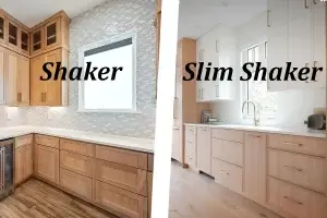 Side-by-side kitchen design comparison between traditional wood shaker cabinets and modern slim shaker kitchen cabinets with mixed white lacquer and natural rift-sawn oak finishes.