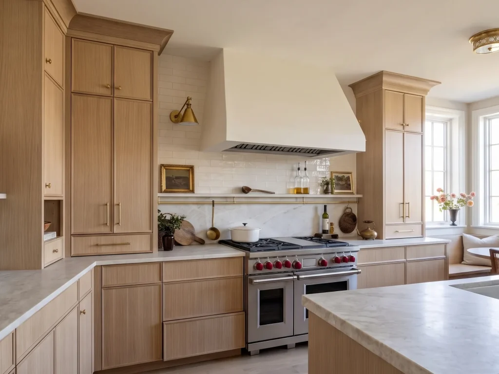 Luxury organic modern kitchen featuring custom thin shaker kitchen cabinets in natural rift-sawn oak wood finish, paired with white marble countertops, a professional stainless steel range cooker, and unlacquered brass hardware.