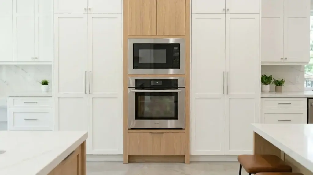 A contemporary full-height kitchen wall tower featuring an ALLAND built in microwave cabinet with a stainless steel trim kit, stacked over an integrated speed oven in a Rift Sawn White Oak finish.