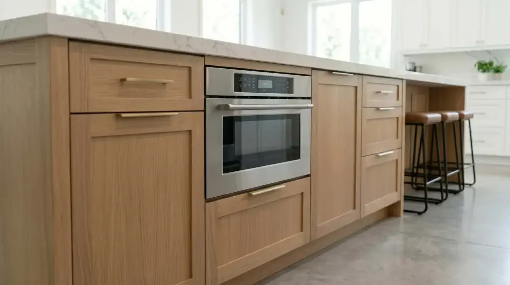 A close-up of a modern custom kitchen island showcasing an ALLAND microwave in base cabinet layout, featuring an integrated pull-out microwave drawer installed flush below a quartz countertop deck.