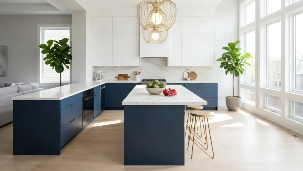 Panoramic luxury kitchen showcase with modern blue kitchen cabinets on base perimeters, solid white quartz countertops with soft gold veins, and seamless satin white full-access upper cabinets.