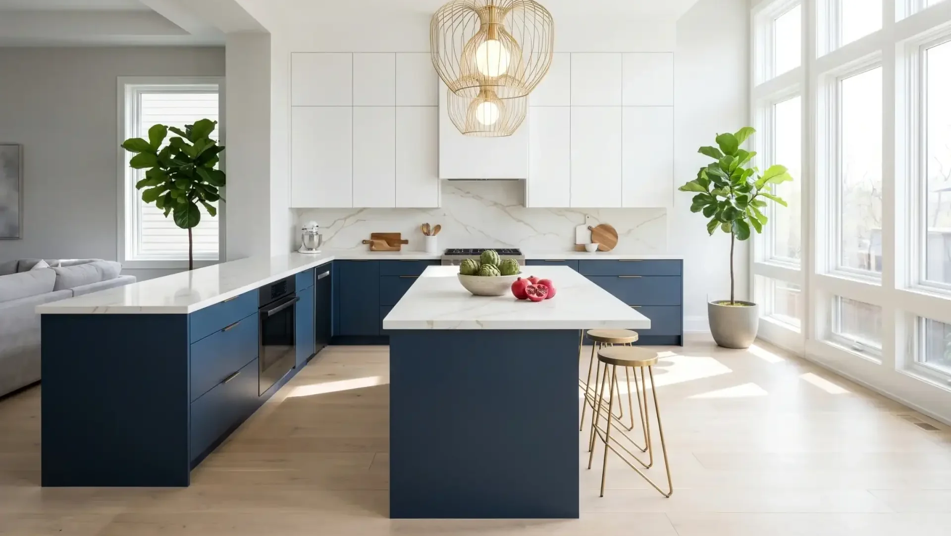 Panoramic luxury kitchen showcase with modern blue kitchen cabinets on base perimeters, solid white quartz countertops with soft gold veins, and seamless satin white full-access upper cabinets.