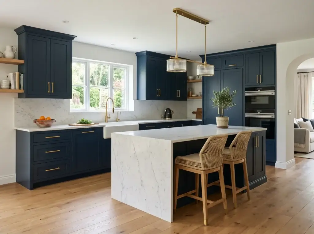 Full spatial view of an elegant transitional kitchen featuring luxury blue shaker cabinets in a deep midnight tone, accented with structural PVD brushed gold T-bar handles and a matching commercial-grade gold faucet.