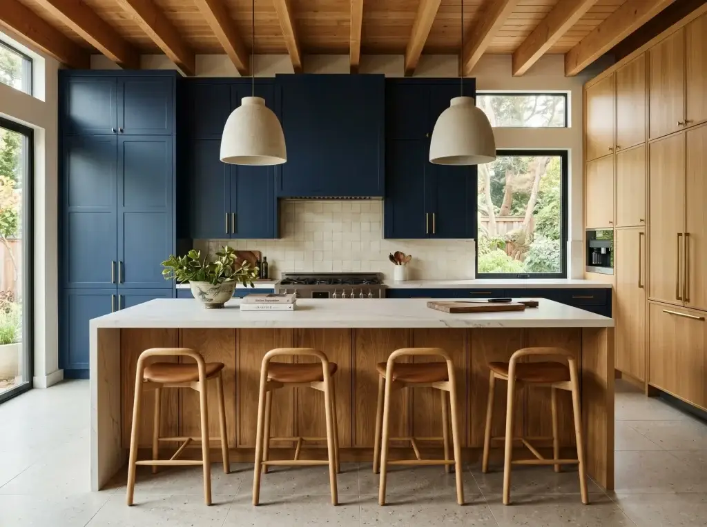 Large open-concept custom home kitchen featuring navy blue kitchen cabinets on the rear wall and a massive centerpiece kitchen island engineered from rift sawn white oak with seamless vertical grain matching.
