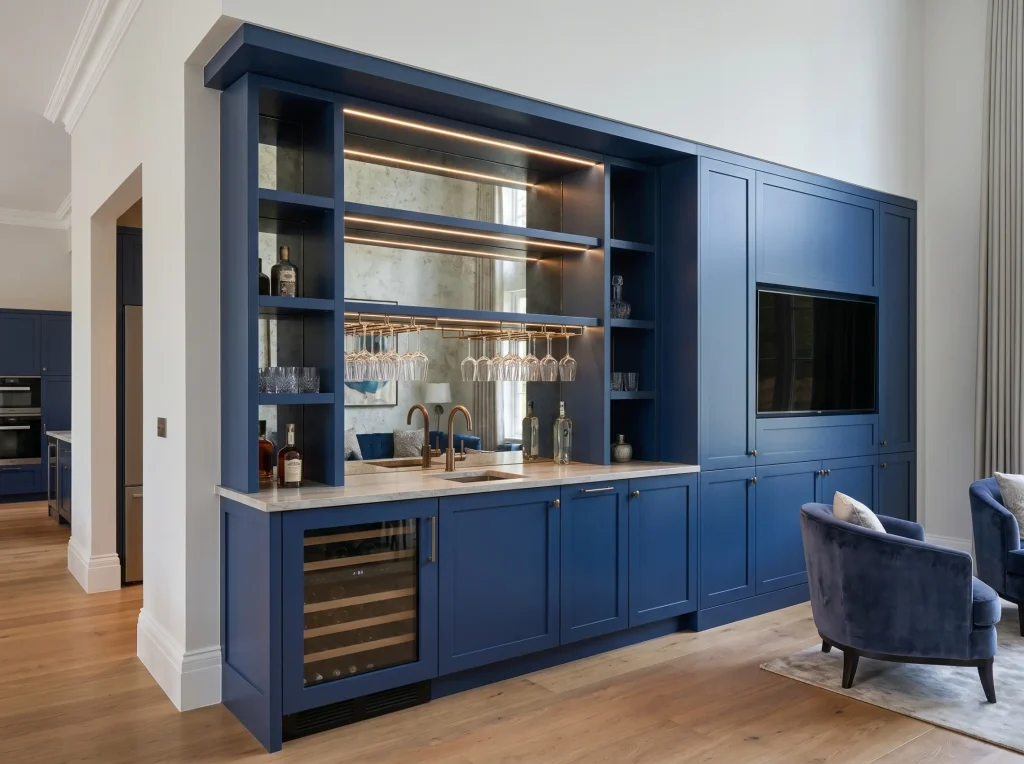 Full-view custom blue bar cabinet built into a premium dining room alcove, detailed with integrated warm LED strip lighting, an antiqued mirror backsplash, and brushed bronze glass racks.