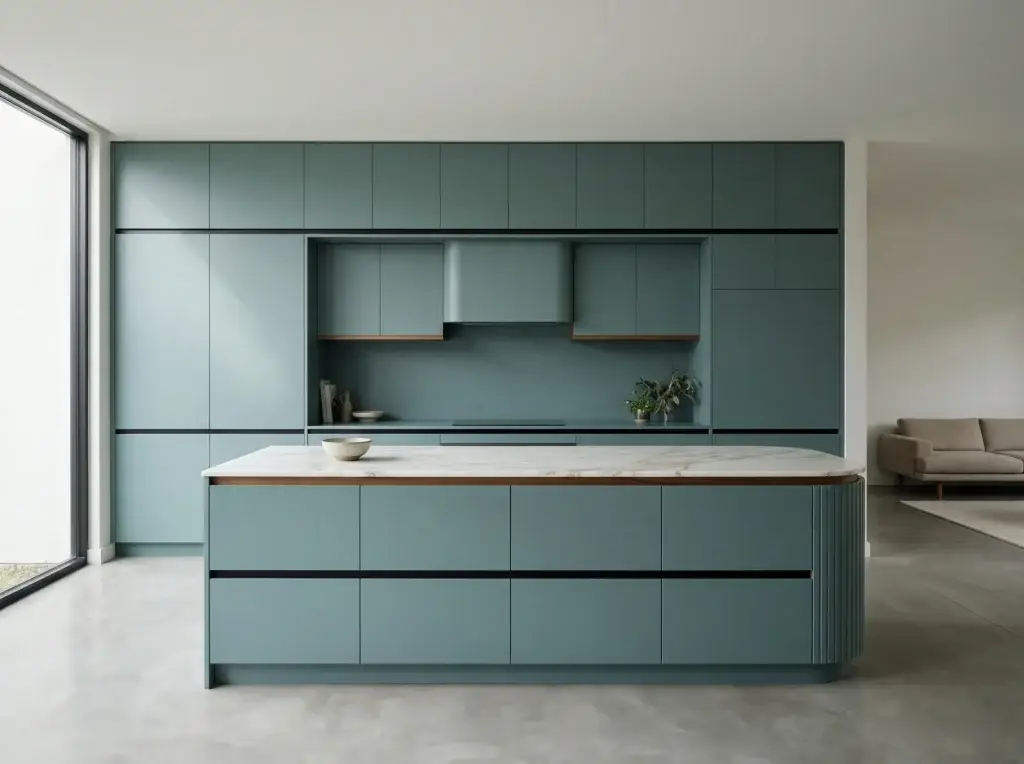 Architectural full-view of a modern minimalist kitchen featuring integrated blue green kitchen cabinets with flat panel slab doors, zero-handle Gola channels, and soft concrete-look floor treatments.