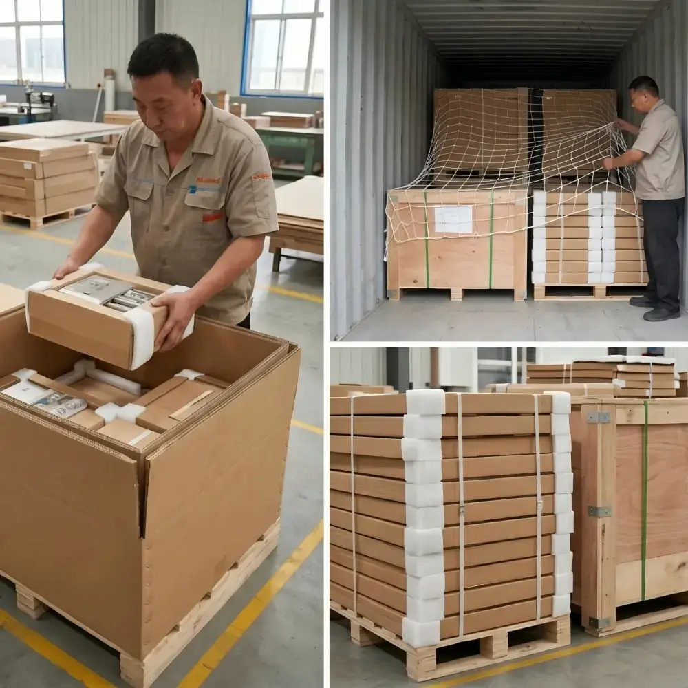 Alland Transit Flex un-assembled cabinetry packaging workflow showing multi-layer foam corner protectors, heavy-duty honeycomb cardboard crates, and secure ocean container freight loading.