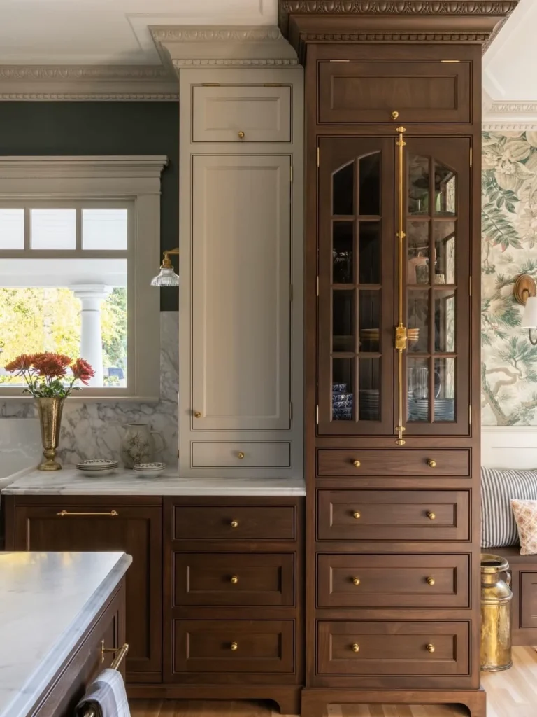 Interior architectural detail of custom kitchen cabinetry showing full-extension walnut base drawers, fluted glass uppers with LED illumination, and a tall pantry tower.