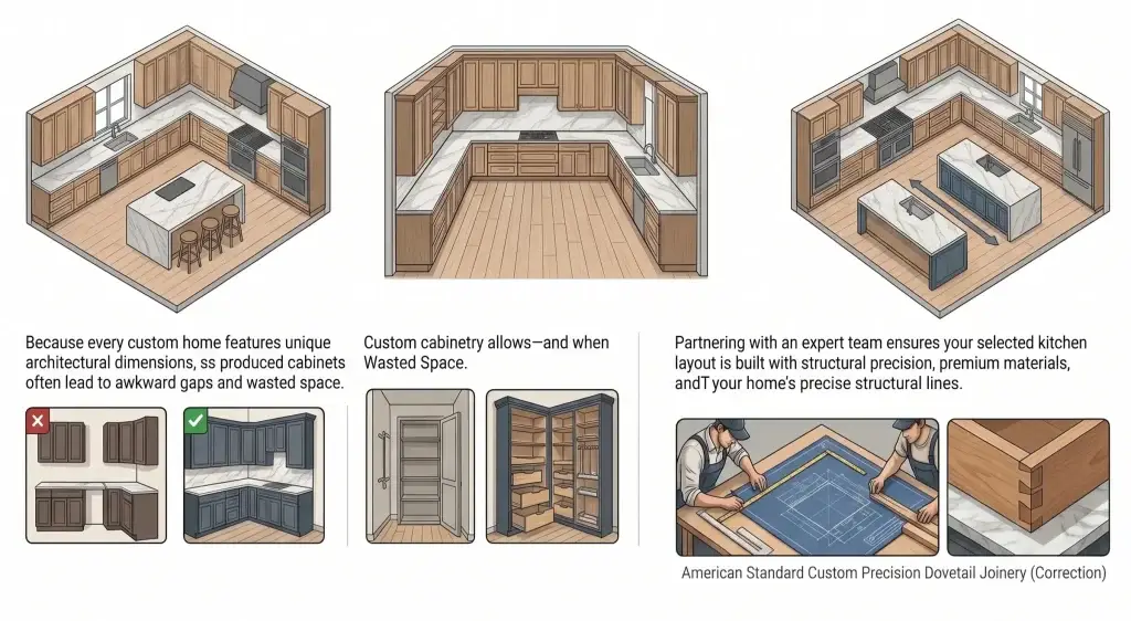 Architectural diagrams showcasing the best kitchen layouts including L-shaped, U-shaped, and double island configurations alongside custom cabinetry precision joinery.
