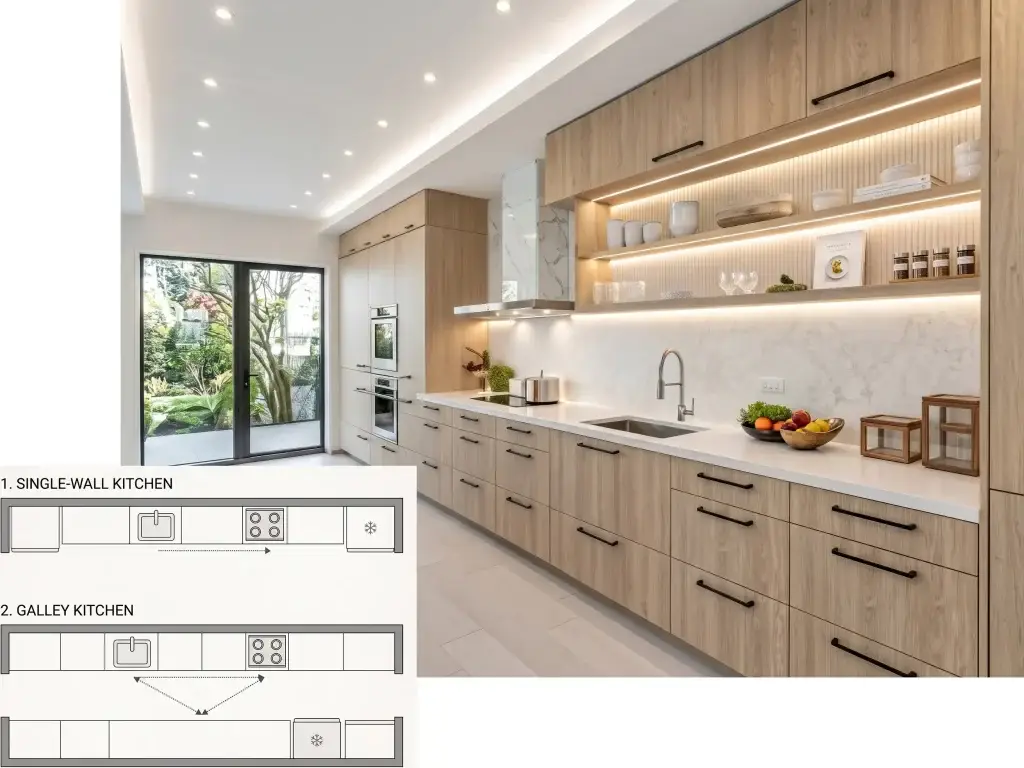 Floor plan diagram comparing a single-wall kitchen and a galley corridor kitchen layout showing ergonomic workflow lines.