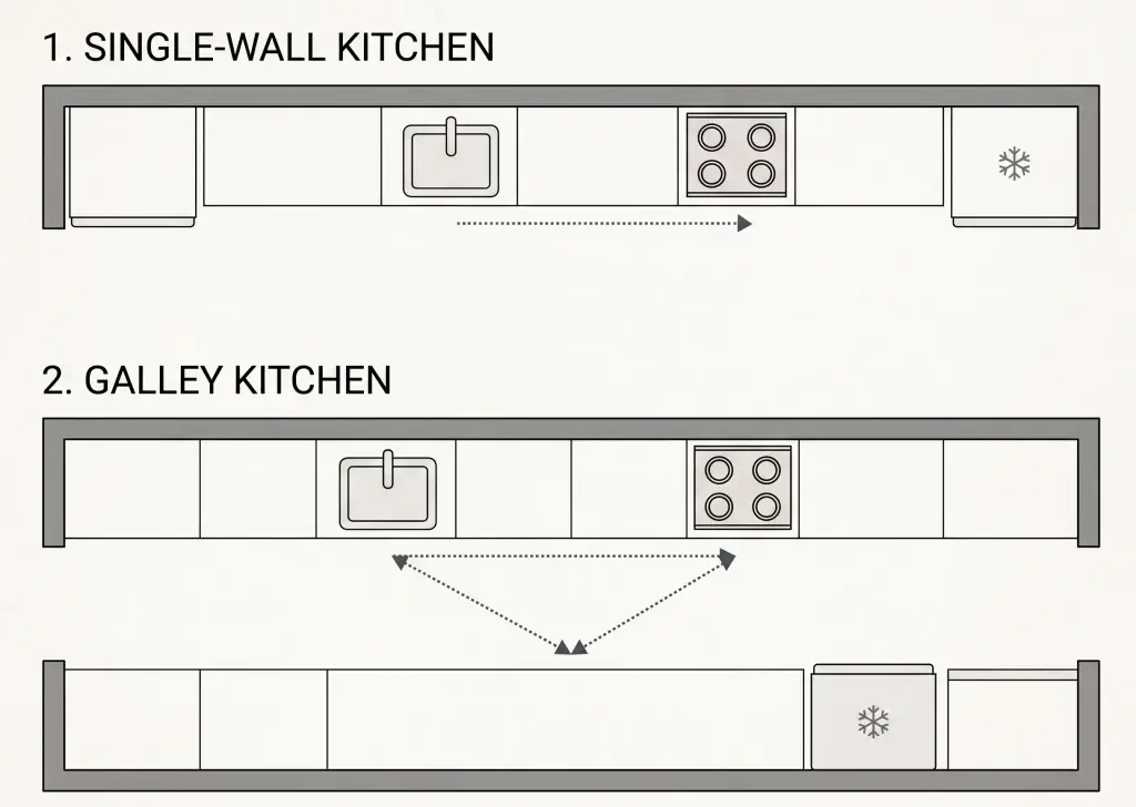 Floor plan diagram comparing a single-wall kitchen and a galley corridor kitchen layout showing ergonomic workflow lines.
