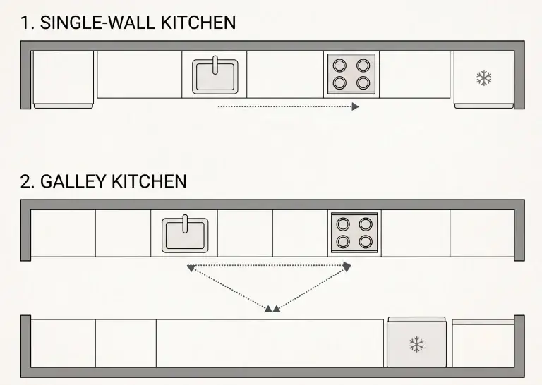 Floor plan diagram comparing a single-wall kitchen and a galley corridor kitchen layout showing ergonomic workflow lines.