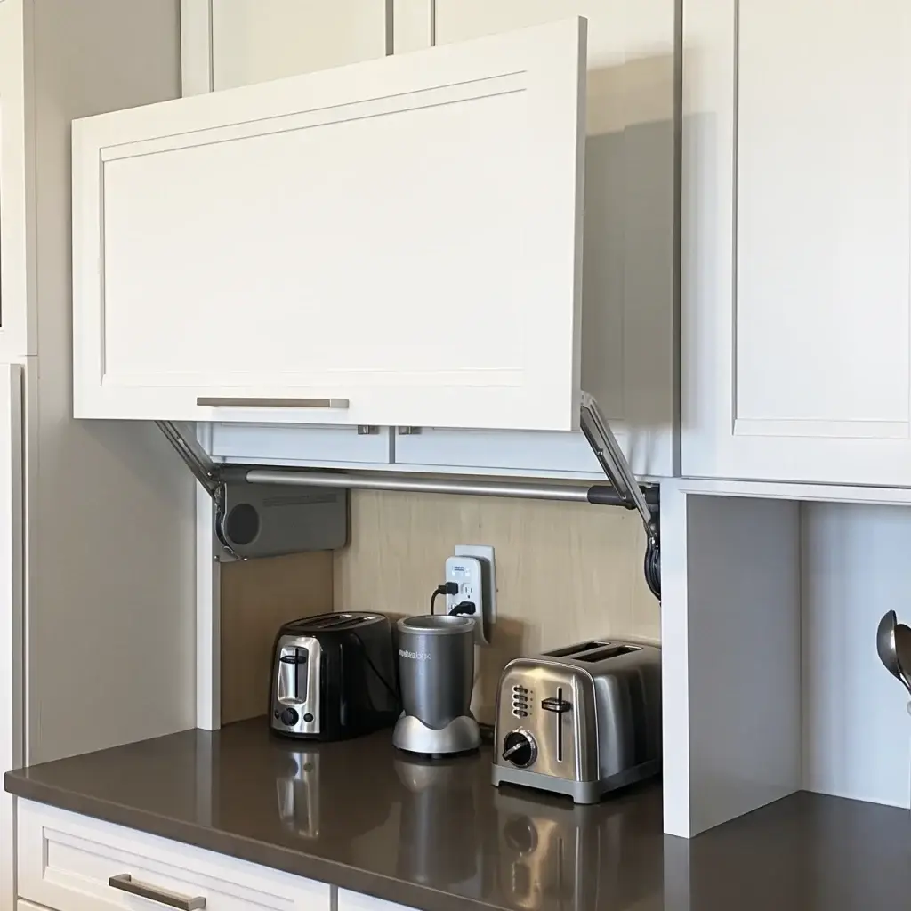 Custom contemporary L-shaped kitchen featuring an open pocket-door appliance garage cabinet with an integrated espresso station and white quartz countertop.