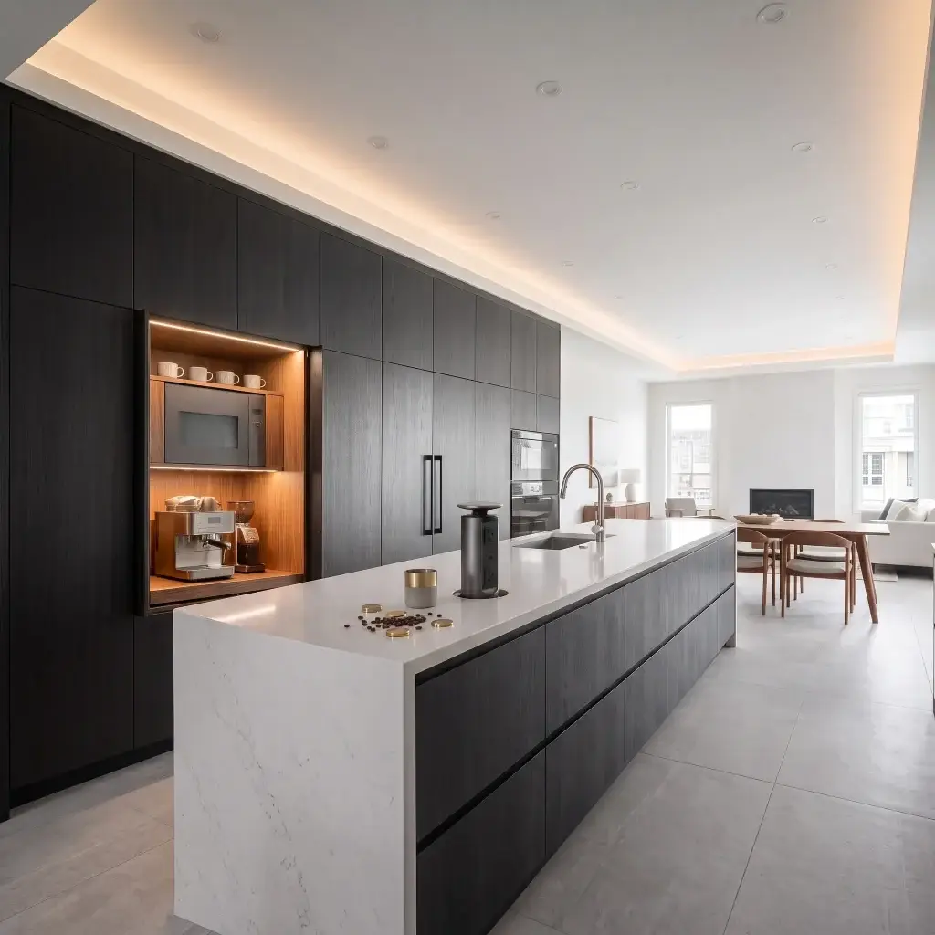 Custom kitchen storage detail featuring a pocket-door appliance garage with a hidden microwave cabinet and pop-up island outlet.