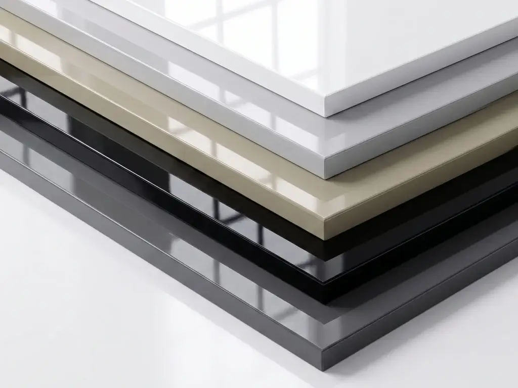 Close-up macro view of premium high gloss kitchen cabinet doors in a modern penthouse, showcasing a flat reflective surface with zero orange peel defects.