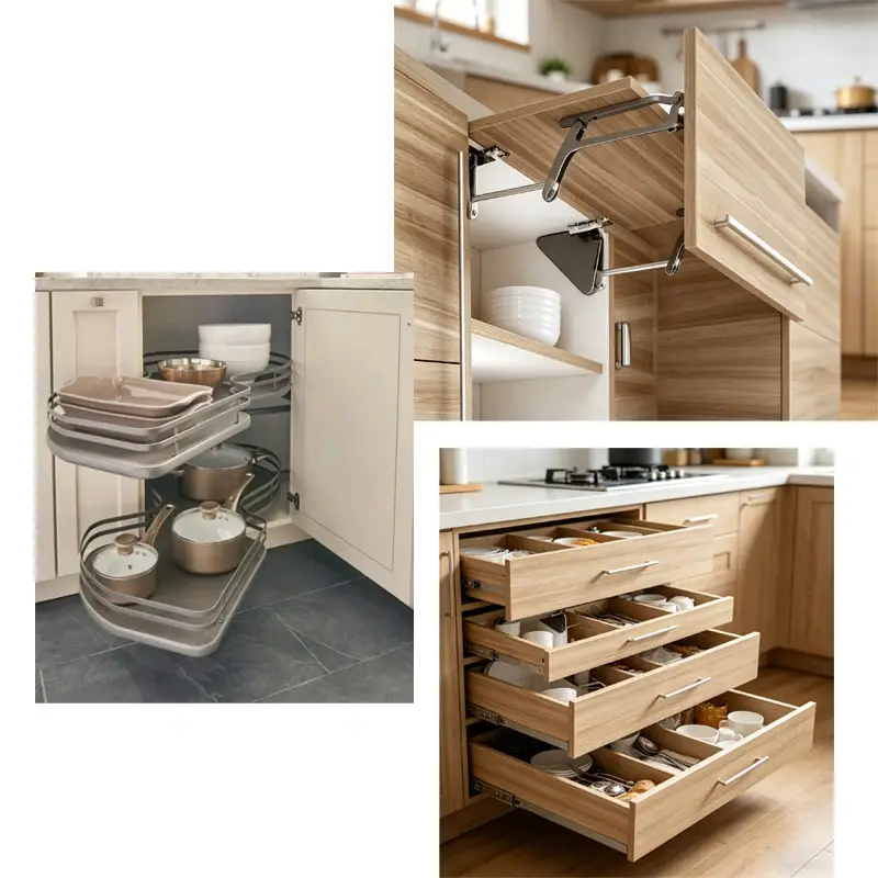 A collage of custom kitchen cabinet storage solutions including a magic corner pull-out shelf, a lift-up upper cabinet door, and multi-tier deep storage drawers.