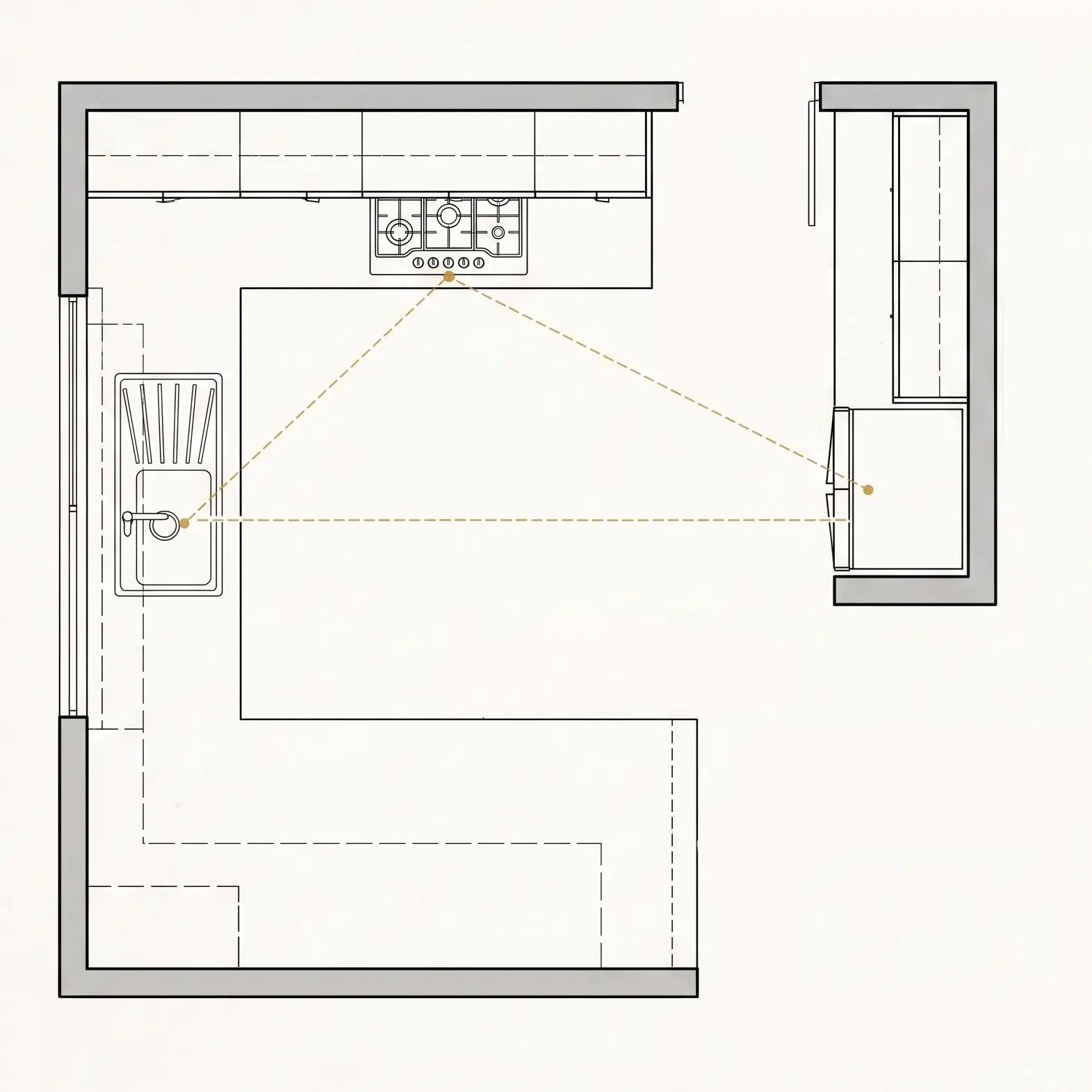 Architectural CAD floor plan vector diagram of a G-shaped kitchen layout showing NKBA dimensional standards, 48-inch G-Gate entry, work triangle paths, and 15-inch peninsula overhang.