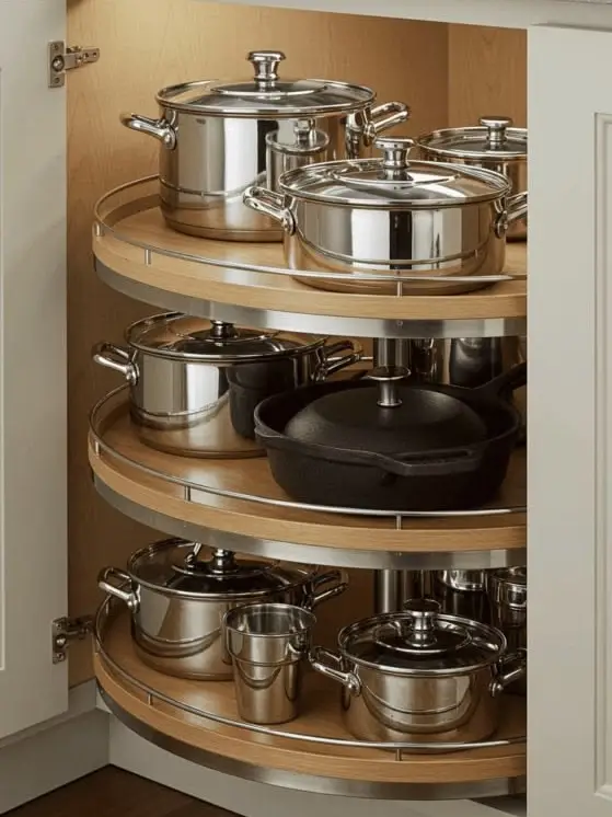 Close-up architectural detail of a kitchen magic corner cabinet pulled out from a blind corner, adjacent to a built-in wall oven and microwave cabinet tower.