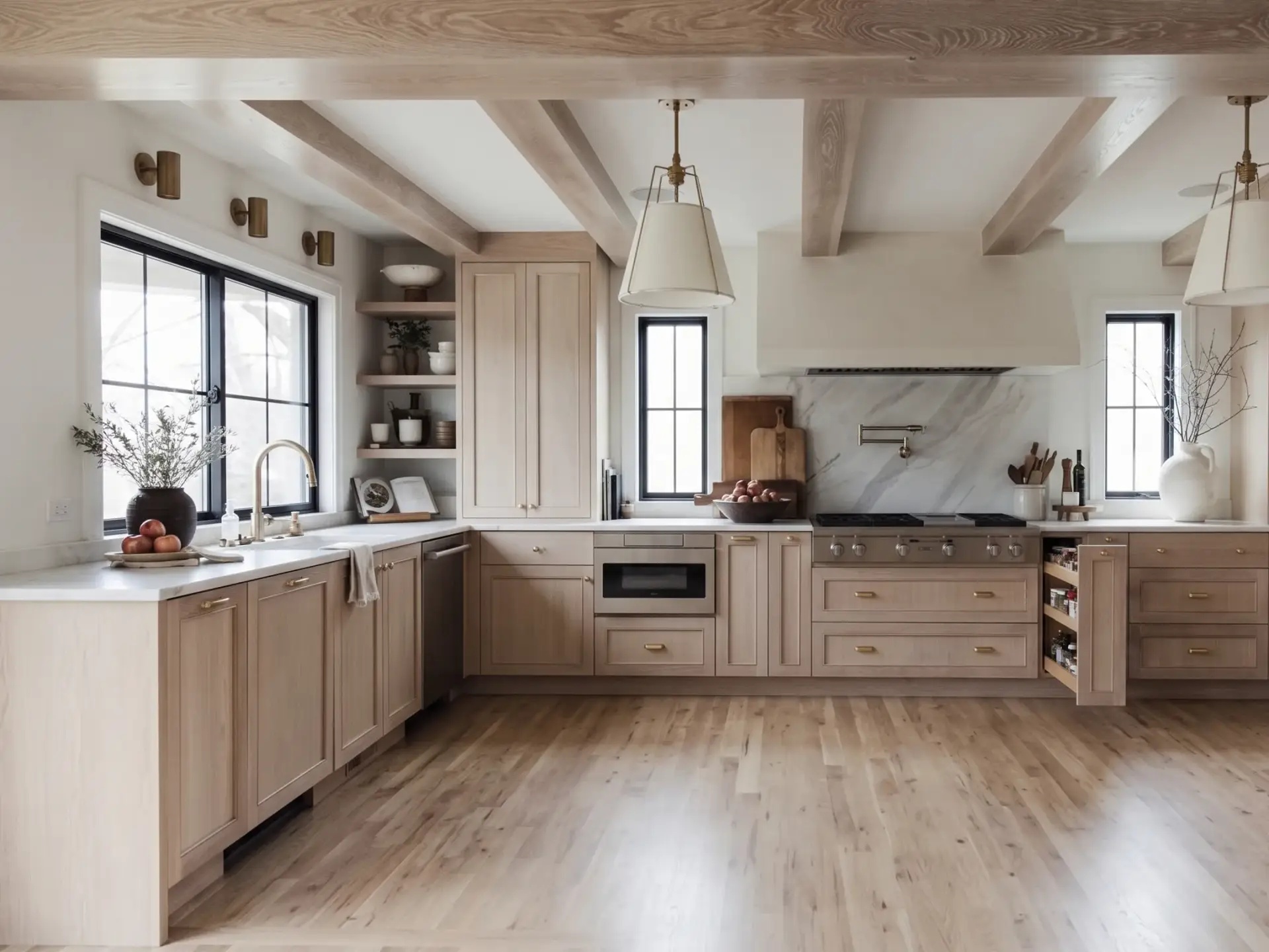 Modern natural wood L-shaped kitchen layout with gold handles, quartz countertops, and built-in hidden appliance cabinets, showing gold work triangle path. Custom storage solutions for B2B builders.