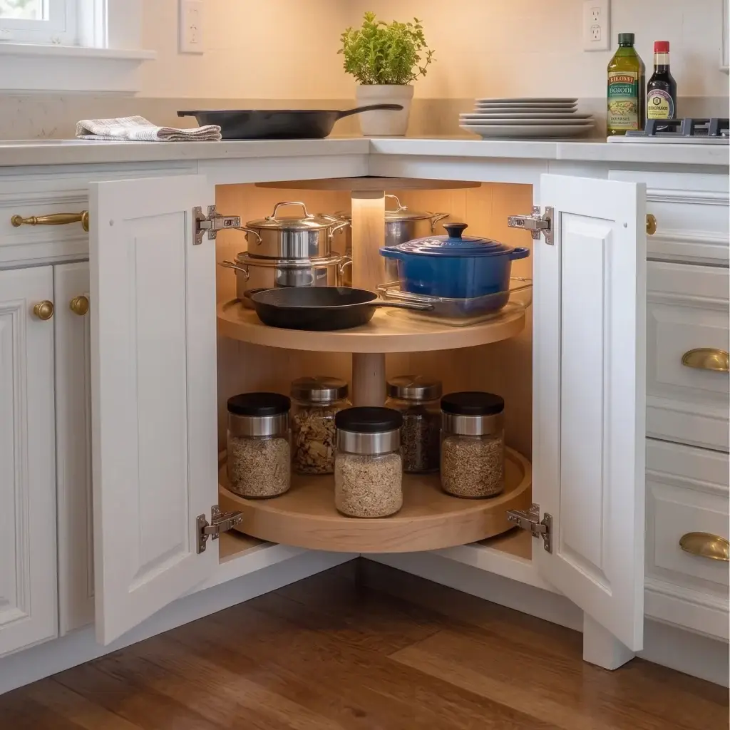 Custom pie-cut lazy susan cabinet in a luxury L-shaped kitchen featuring heavy-duty revolving wood trays and 170-degree zero-protrusion hinges.