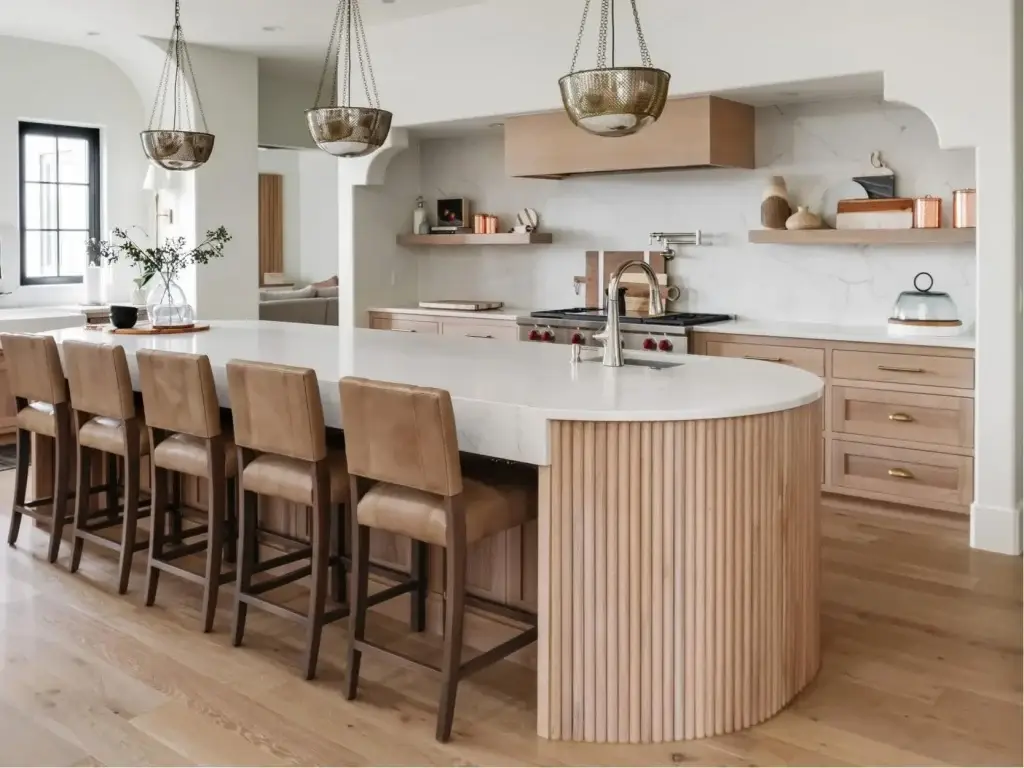 Exquisite modern curved kitchen island featuring a custom futed wood base and rounded premium countertop edge detailing.