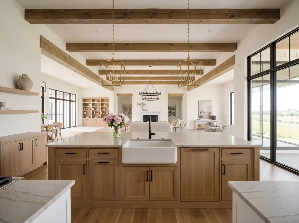 Modern farmhouse open concept kitchen layout featuring white Shaker perimeter cabinets, a rift-sawn white oak island with an apron-front sink, and exposed ceiling beams.