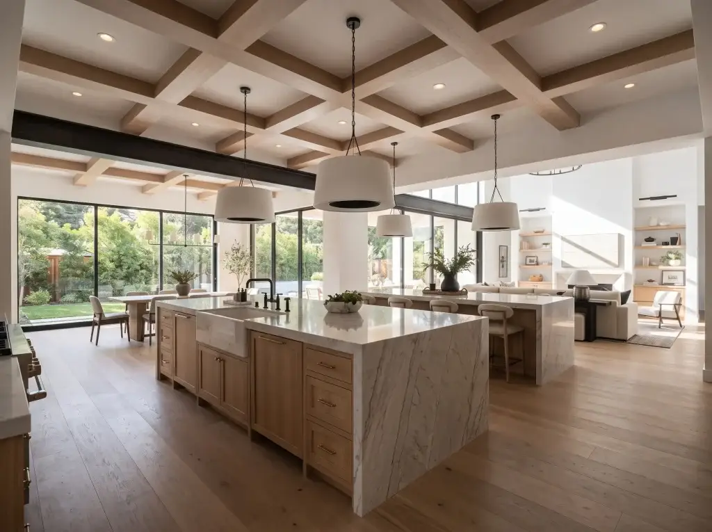Architectural open concept kitchen design featuring custom rift-sawn white oak waterfall island and integrated cabinetry acting as a spatial anchor in a modern Great Room layout.