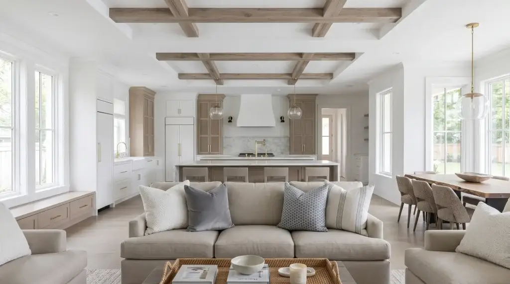 Luxury open concept kitchen integrated with a modern living room featuring custom ful-overlay slab cabinetry and a flush built-in appliance wall.