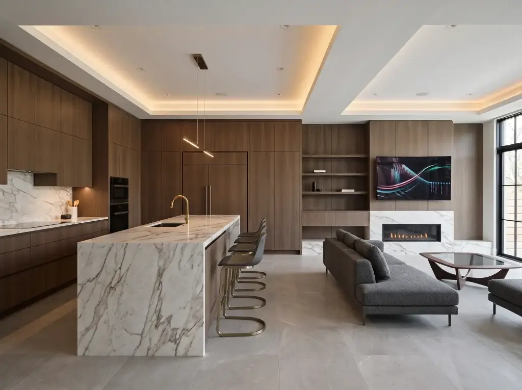 Open concept kitchen living room showing custom panel-ready hidden appliances and matching living room wall paneling.