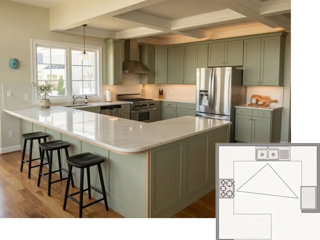 A modern peninsula kitchen featuring a custom sage green G shaped kitchen layout with an integrated breakfast bar and an overlay floor plan diagram.