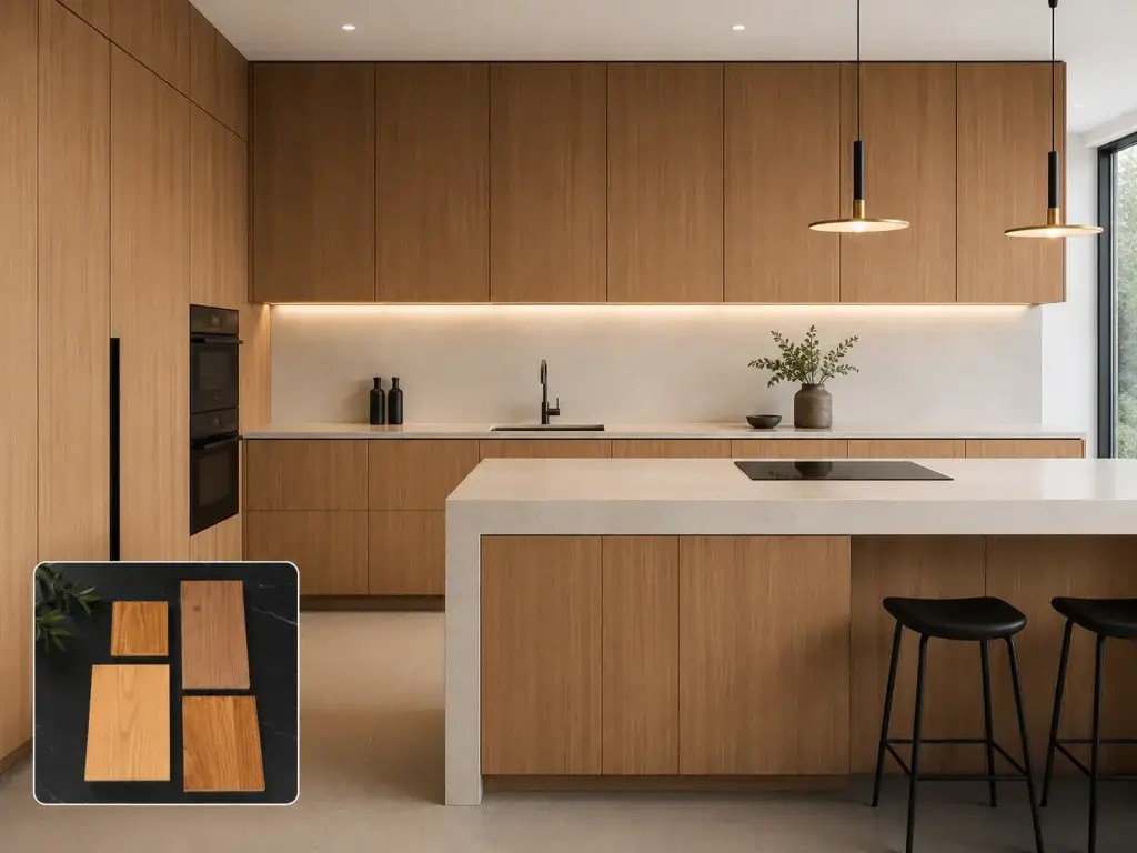 Luxury minimalist kitchen interior showcasing custom wood veneer slab kitchen cabinet doors made from rift-sawn white oak with acontinuous matching vertical grain pattern and thick quartz island countertop.