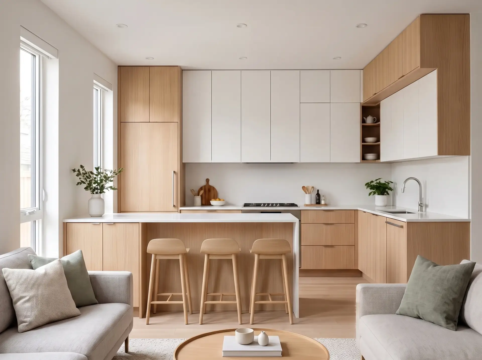Compact small house open concept kitchen and living room featuring floor-to-ceiling flat-panel white oak cabinetry and an integrated peninsula breakfast bar.