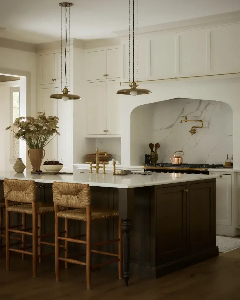Center workstation perspective in timeless classic kitchens showing a dark espresso wooden island with a white marble top facing painted wall runs.