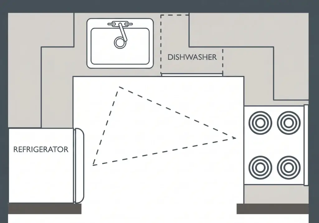 Technical CAD blueprint floor plan detailing u shaped kitchen layout dimensions, showing 42-inch net aisle clearance, NKBA work triangle paths, and corner cabinet footprints.