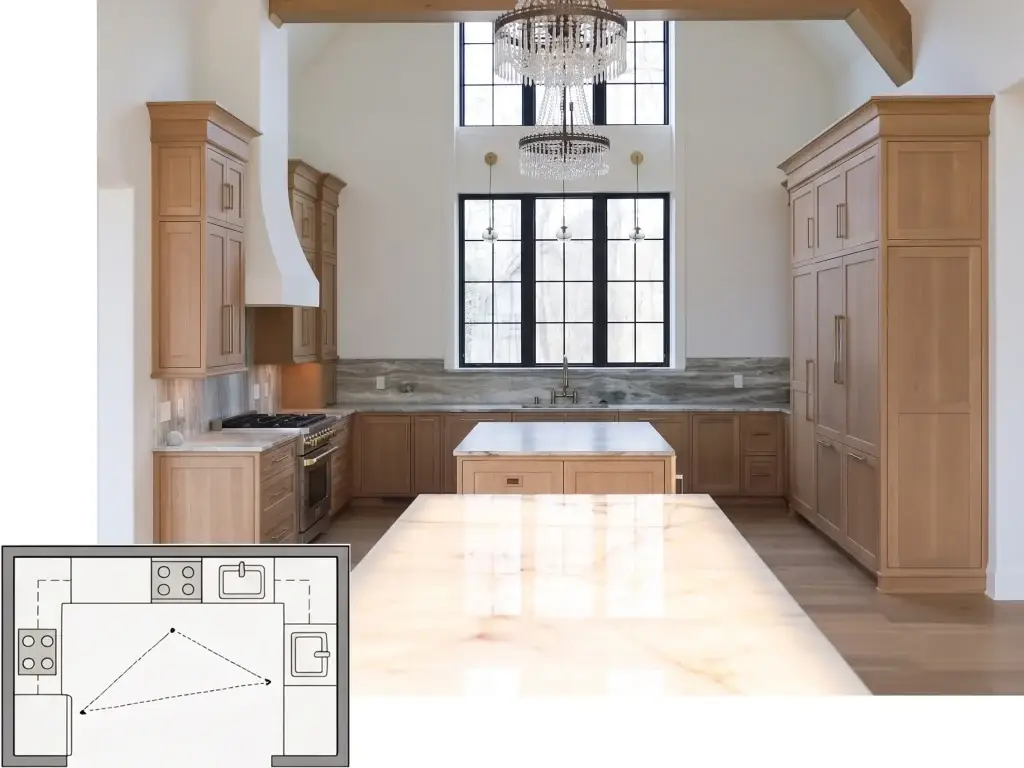 Perimeter wall-to-wall custom U-shaped kitchen layout with symmetric upper cabinetry runs and integrated high-end appliances.