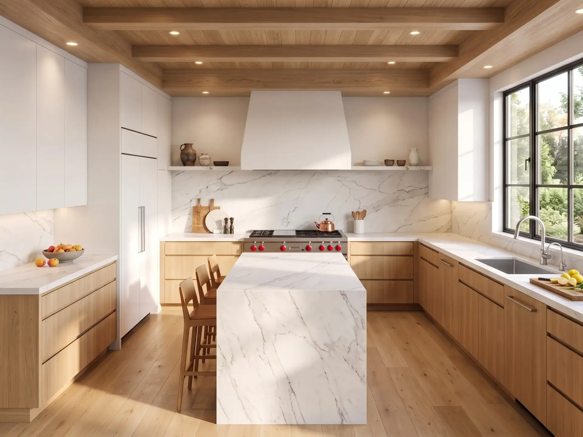 High-end modern u shaped kitchen featuring custom rift-sawn white oak base cabinets, matte white upper cabinets, integrated panel-ready appliances, and a seamless work triangle layout.