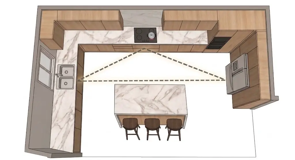Modern custom kitchen floor plan illustrating the ergonomic kitchen work triangle connecting the sink, refrigerator, and range.