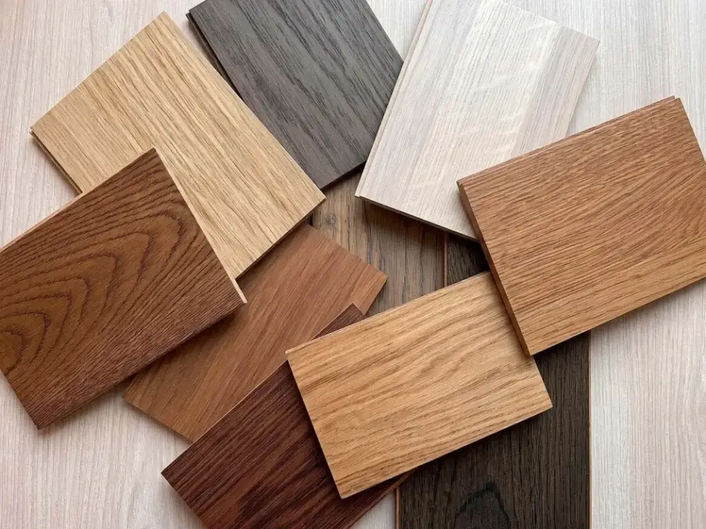 Natural wood veneer cabinets finish swatches showcasing rift sawn white oak, walnut, and textured timber grains for custom millwork.